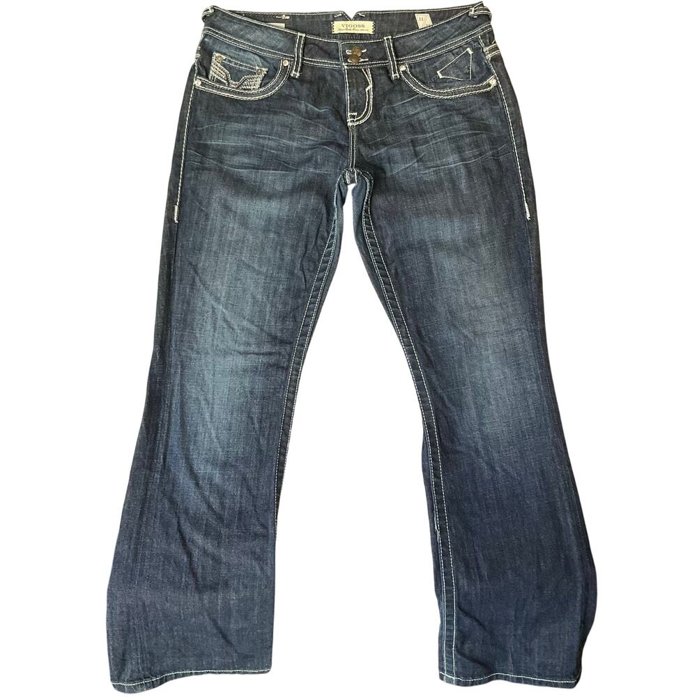 Vigoss Women Flared Jeans size 11 / 31 Blue Low Rise Stretch Boot Cut Stitches